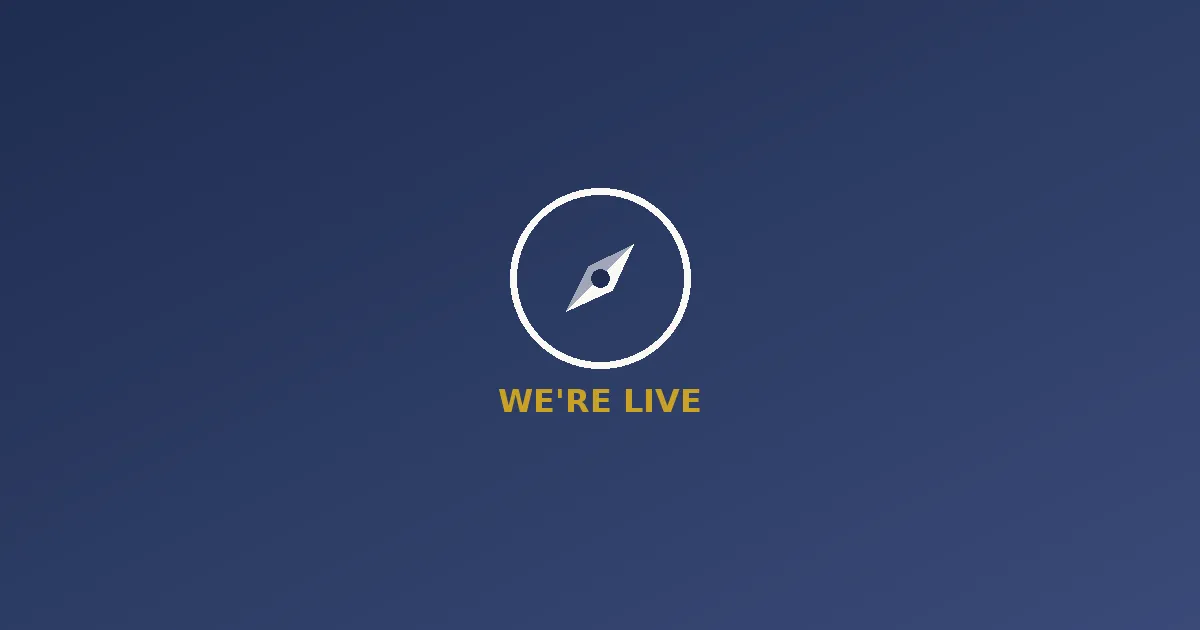 HuntOrbit launch announcement graphic with compass mark and We're Live text