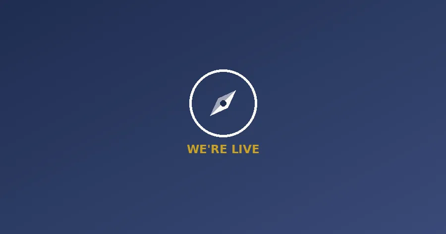 HuntOrbit launch announcement graphic with compass mark and We're Live text